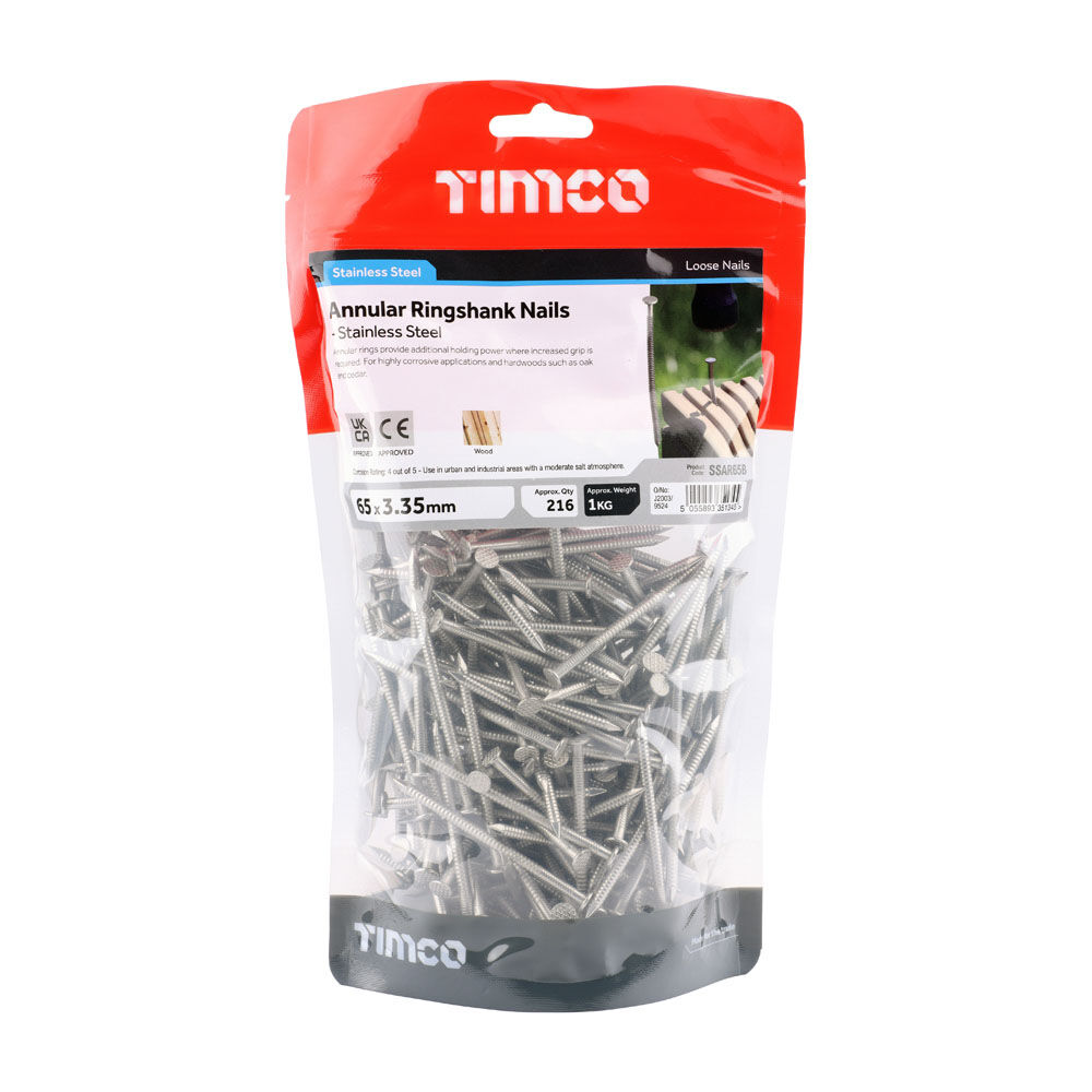 Image of Stainless Steel Annular Ring Shank Nail 3.35 x 65mm 1kg Box