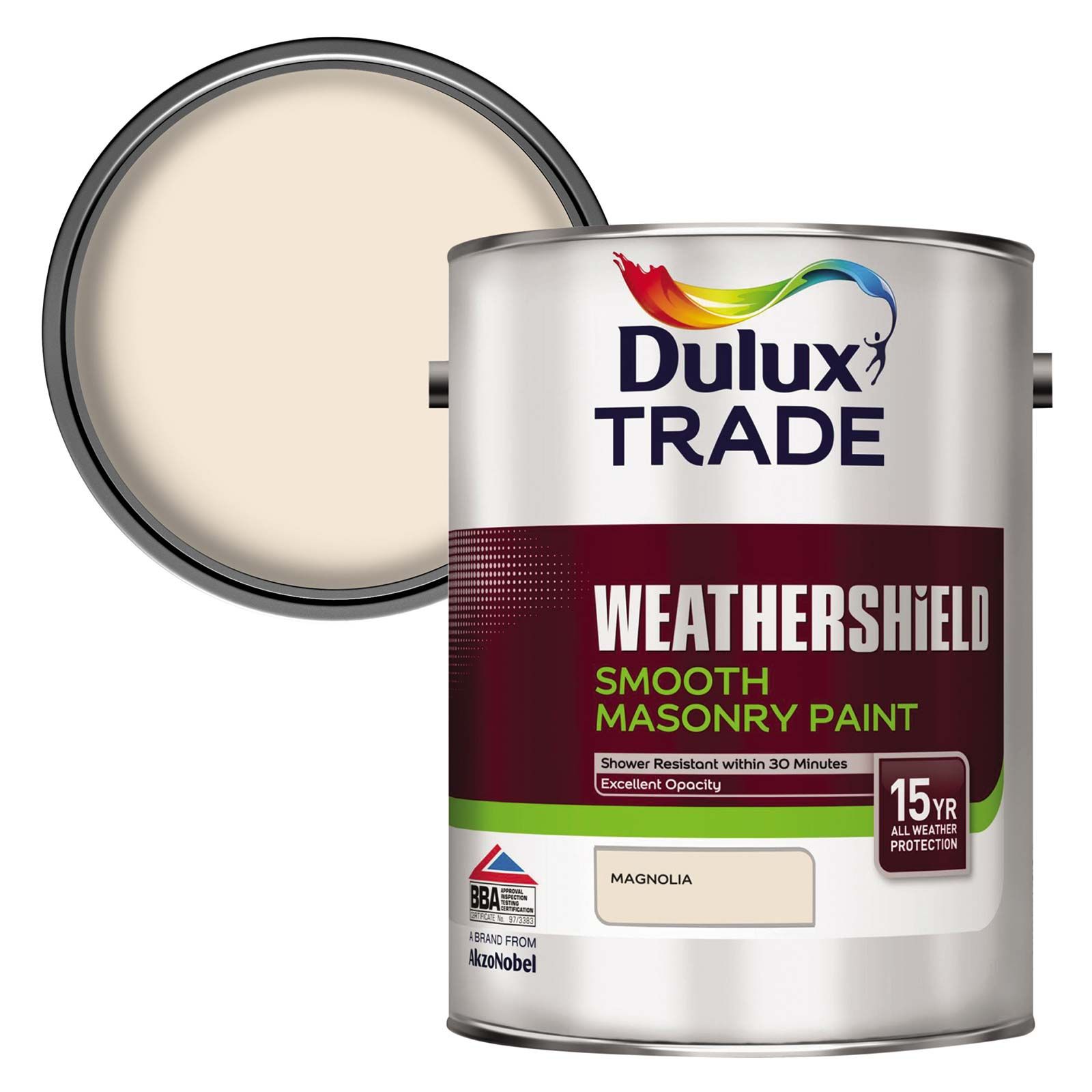 Product image for Dulux Trade Weathershield All Seasons Smooth Masonry Paint Magnolia 5ltr