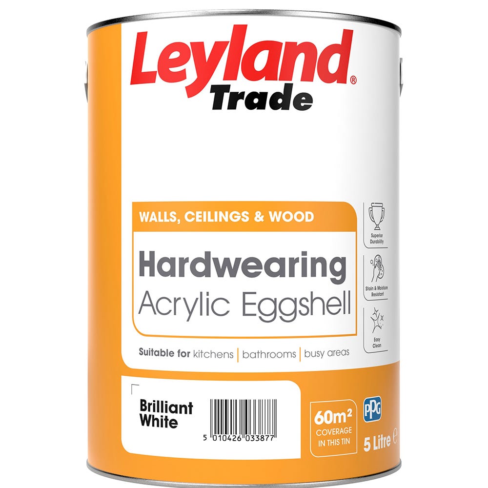 Image of Leyland Trade Acrylic Eggshell Paint Brilliant White 5ltr