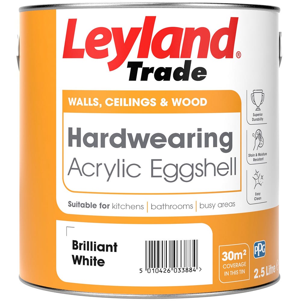 Image of Leyland Trade Acrylic Eggshell Paint Brilliant White 2.5ltr