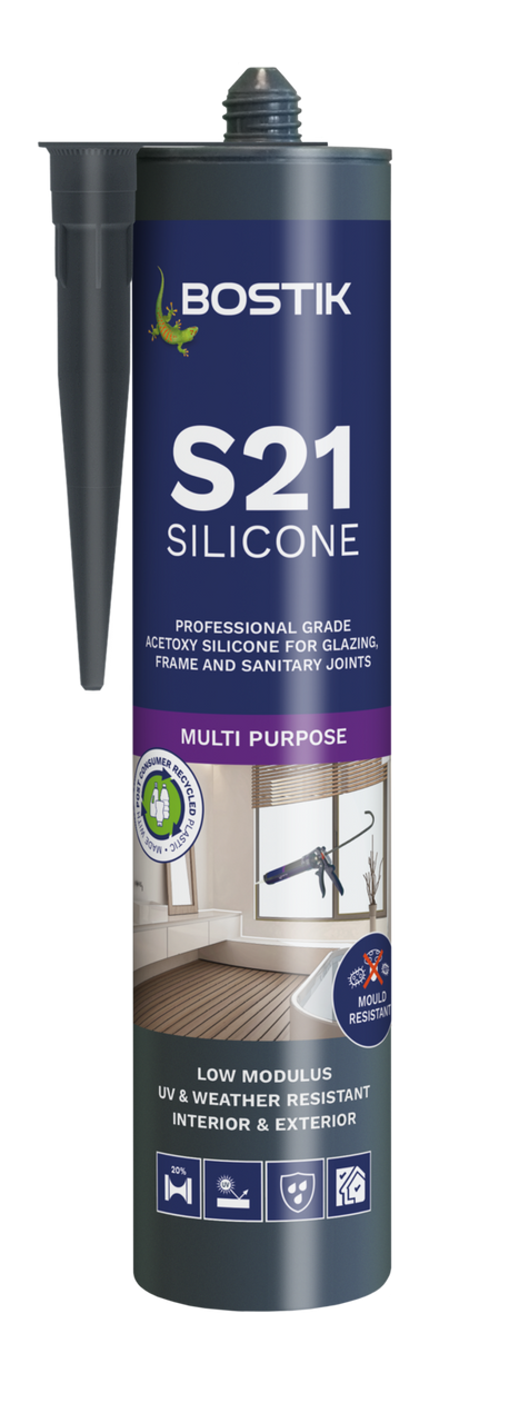 Product image for Bostik S21 Multipurpose Low Modulus Acetoxy Silicone Sealant Clear 310ml