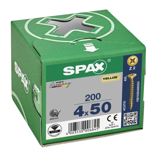 Product image for Spax Yellox Countersunk Universal Woodscrews POZI 4.0 x 50mm (Box of 200)