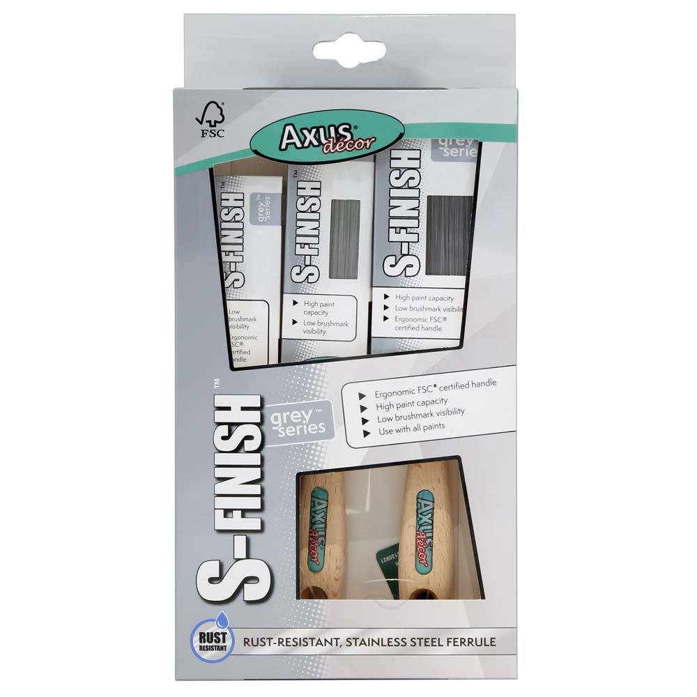 Product image for Axus Grey S-Finish Paint Brush Set 3 Pack 3pack