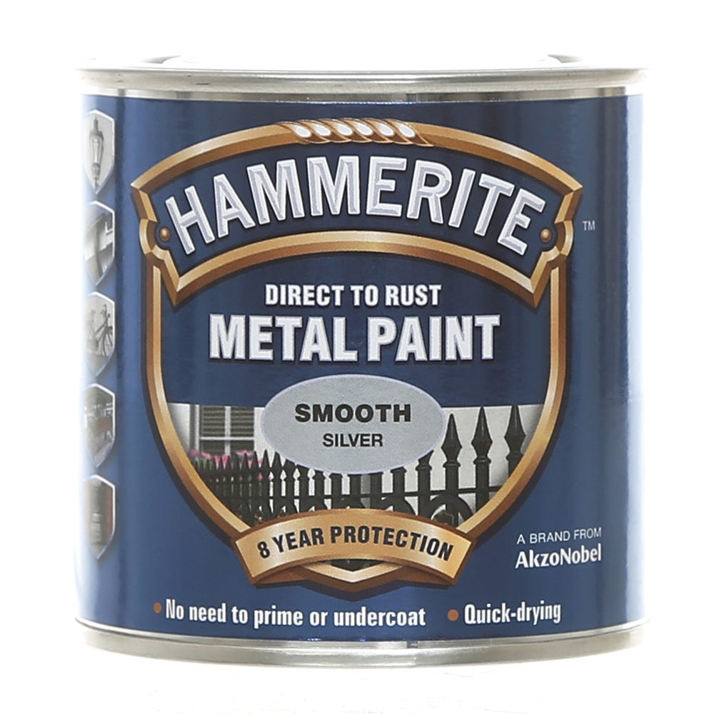 Image of Hammerite Metal Paint Direct To Rust Smooth Silver 250ml