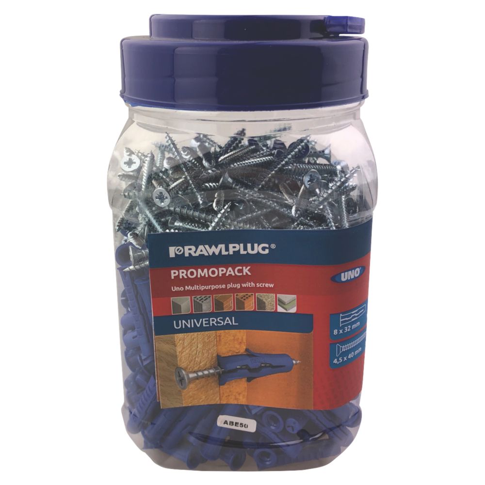 Product image for Rawlplug Uno Wall Plugs &amp; Screws 8mm x 40mm 300 Pack