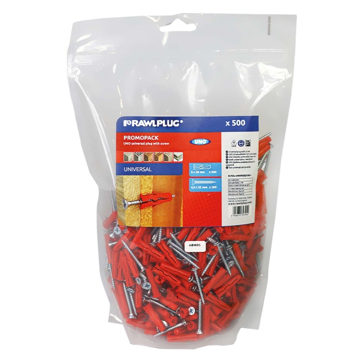 Product image for Rawlplug Uno Plastic Wall Plugs & Screws - 40mm x 6mm Rawlplug - 500 Pack