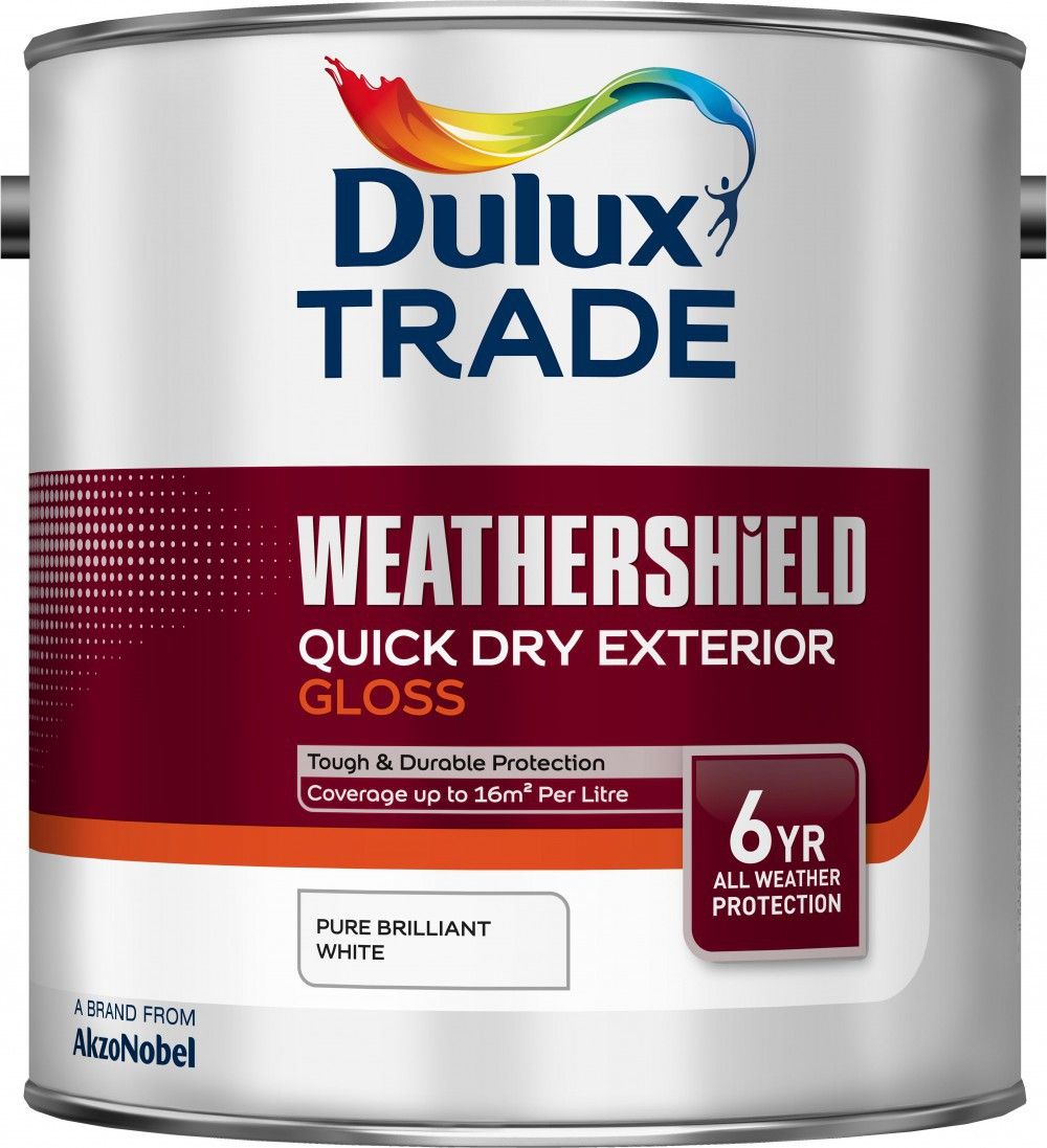 Product image for Dulux Trade Weathershield Quick Dry Exterior High Gloss Paint Pure Brilliant White 2.5ltr