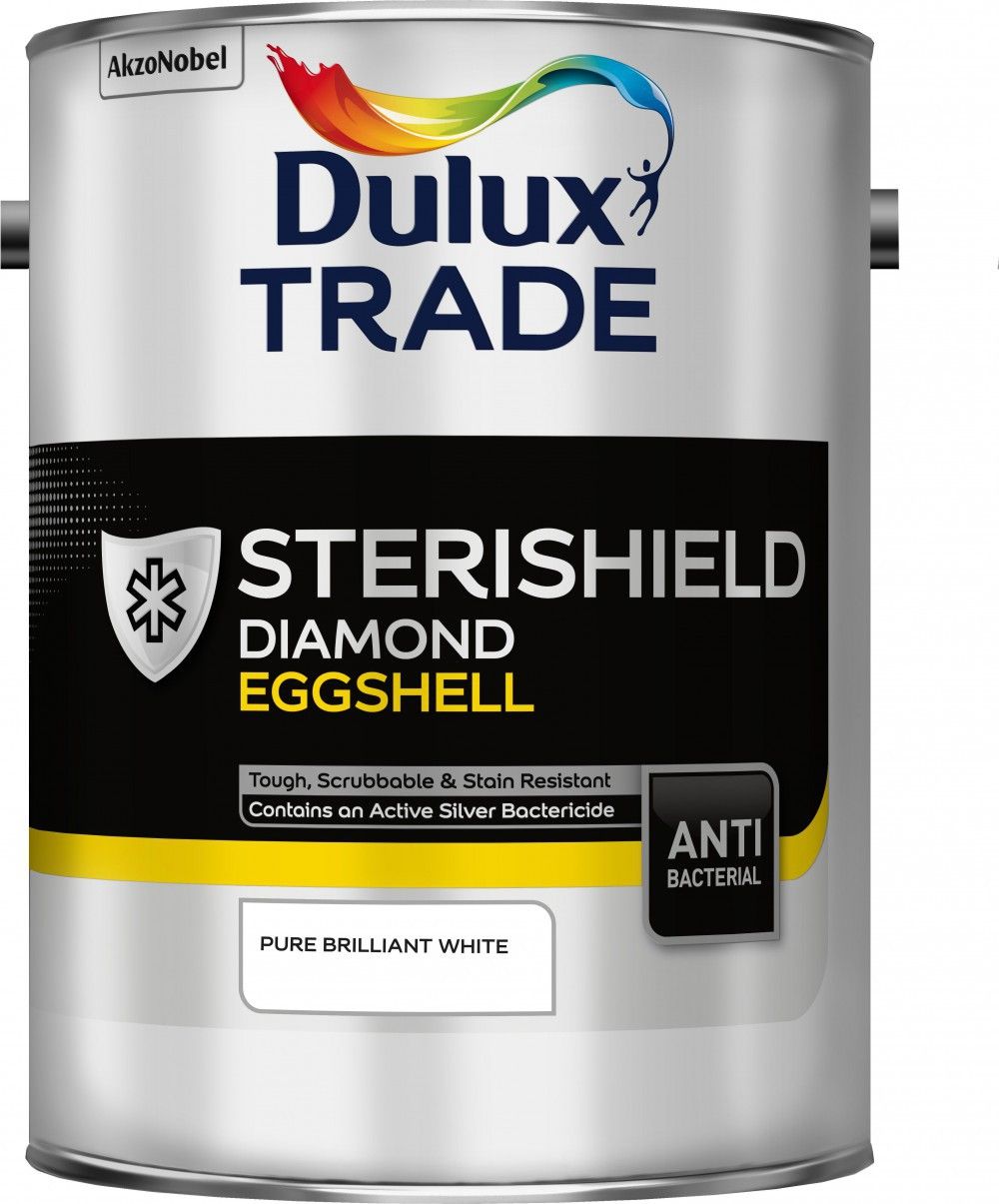 Product image for Dulux Trade Sterishield Diamond Eggshell Paint Pure Brilliant White 5ltr