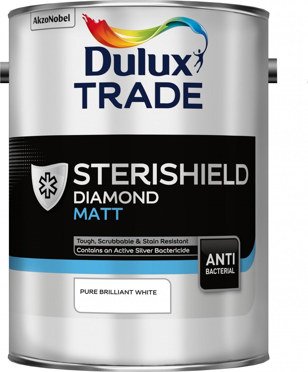 Product image for Dulux Trade Sterishield Diamond Matt Paint Pure Brilliant White 5ltr