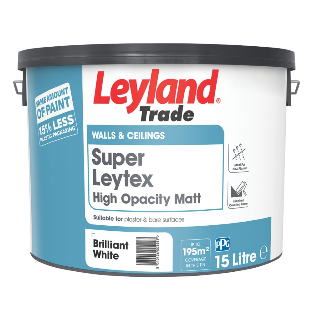 Product image for Leyland Trade Super Leytex Matt Brilliant White Emulsion Paint 15Ltr