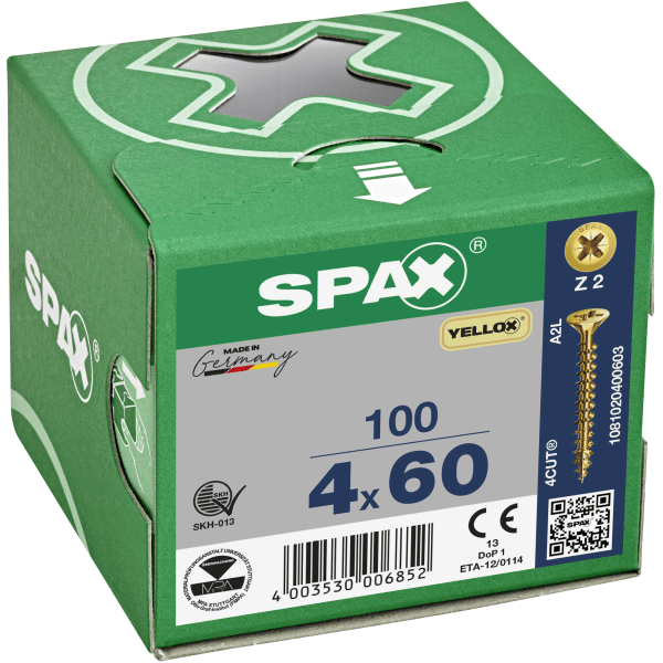 Product image for SPAX YELLOX Countersunk Pozi Drive Screws 4.0 X 60mm Box Of 100