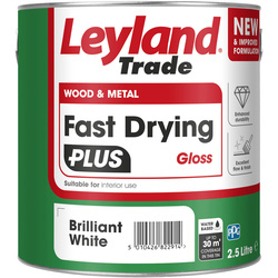 Product image for Leyland Fast Drying Plus Water Based Gloss Paint Brilliant White 2.5L