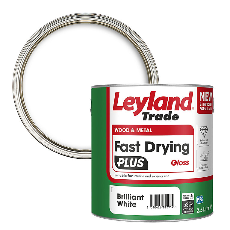 Product image for Leyland Fast Drying Plus Water Based Gloss Paint Brilliant White 2.5L