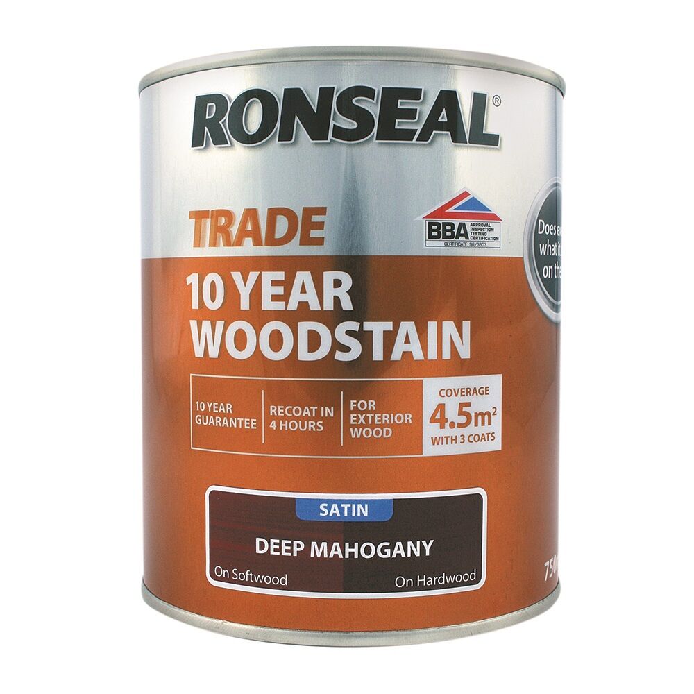Product image for Ronseal 10 Year Exterior Satin Woodstain 750ml Deep Mahogany