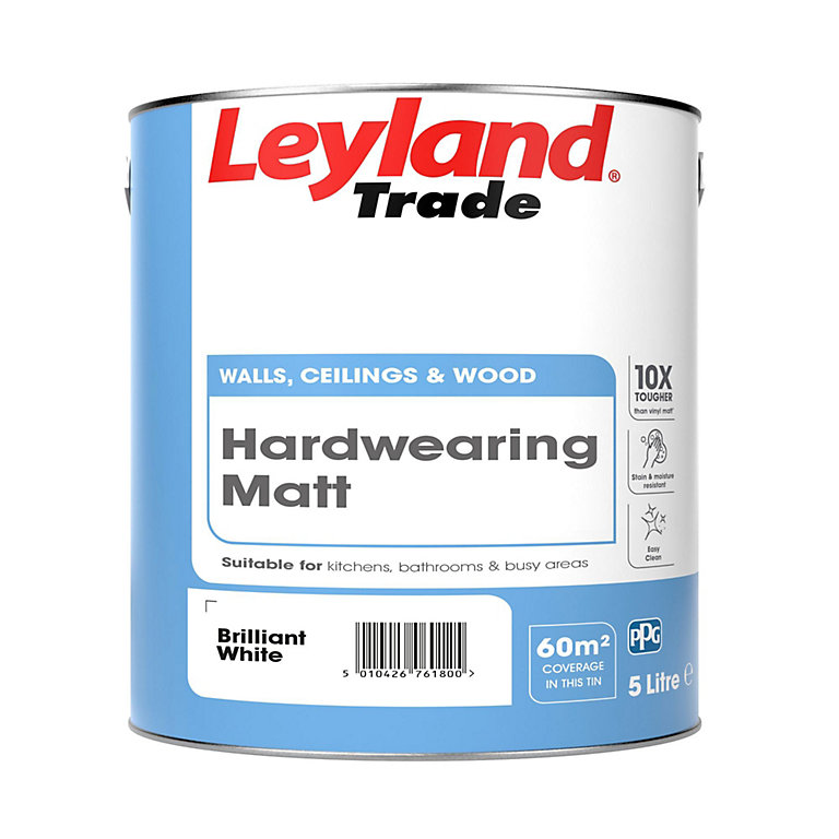 Product image for Leyland Trade Hardwearing Matt Paint 5L Brilliant White