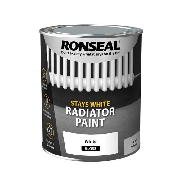 Product image for Ronseal Stays White Radiator Paint Gloss White 750ml
