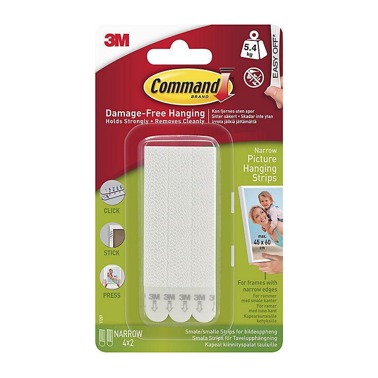 Image of 3M Command Narrow White Picture hanging Adhesive strip (Holds)5.4kg, Pack of 4