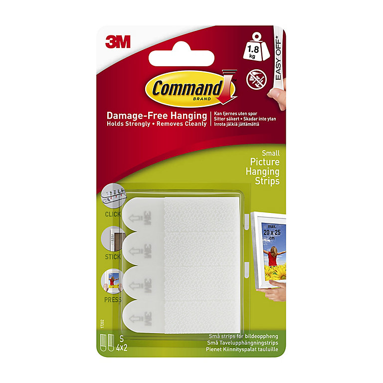 Product image for 3M Command Small White Picture hanging Adhesive strip (Holds)1.8kg, Pack of 4