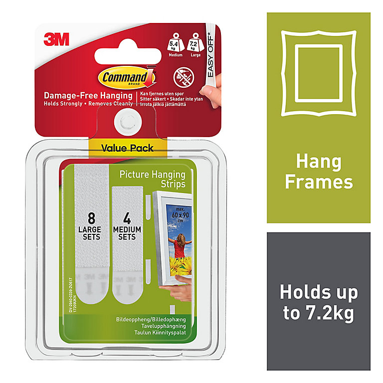 Image of 3M Command Medium & large White Picture hanging Adhesive strip (Holds)7.2kg, Set of 24