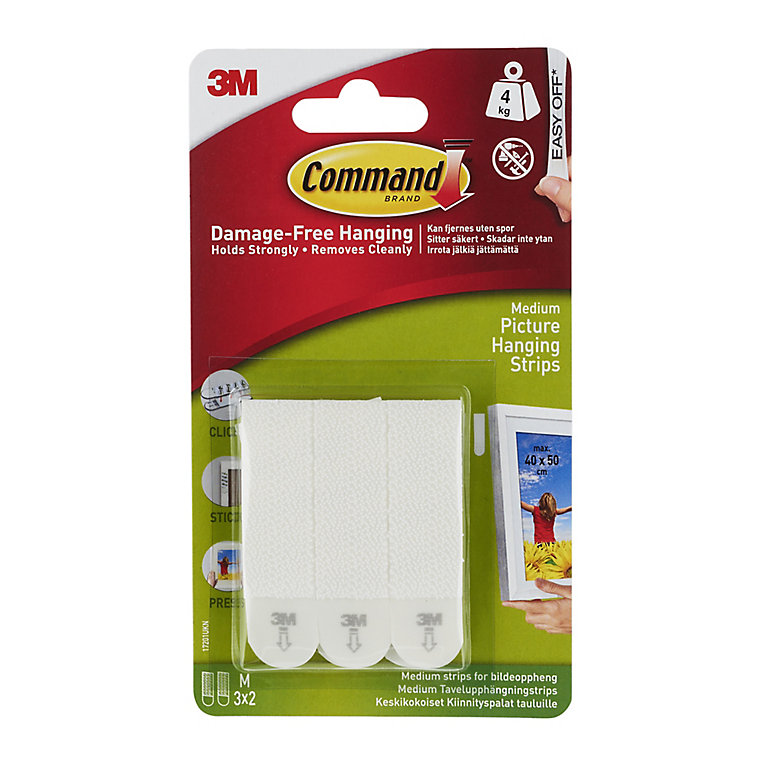Image of 3M Command Medium White Picture hanging Adhesive strip (Holds)4kg, Pack of 3