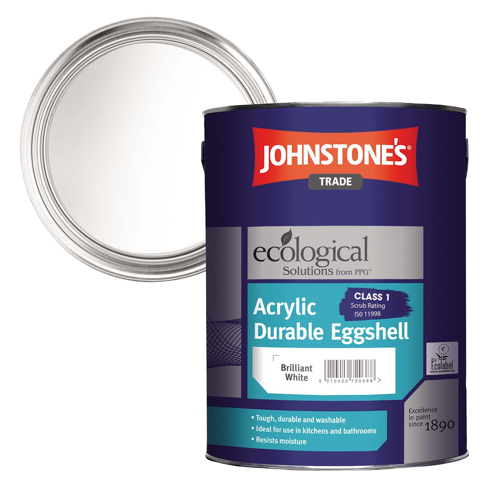 Image of Johnstone's Trade Acrylic Paint Durable Eggshell Brilliant White 5ltr