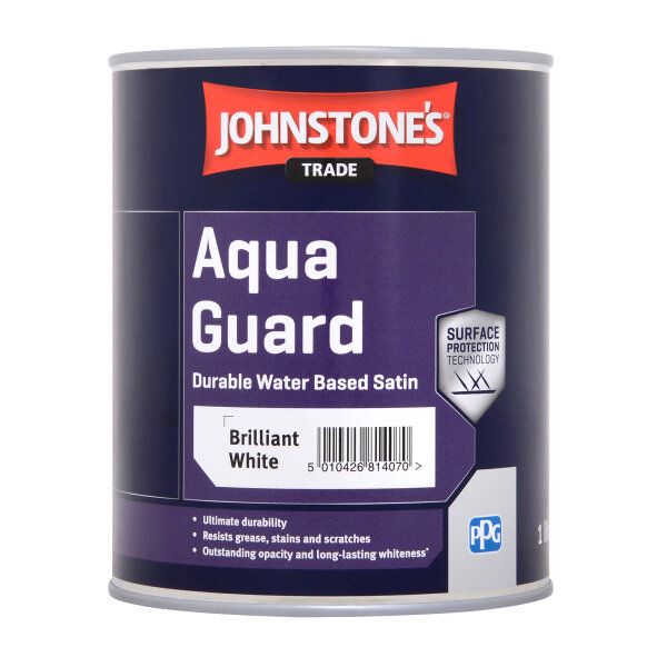 Product image for Johnstone's Trade Aqua Guard Durable Water Based Paint Satin Brilliant White 1ltr