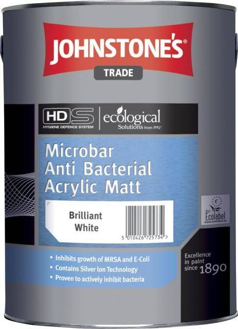 Product image for Johnstone's Trade Microbarr Anti-bacterial Acrylic Paint Matt Brilliant White 5ltr