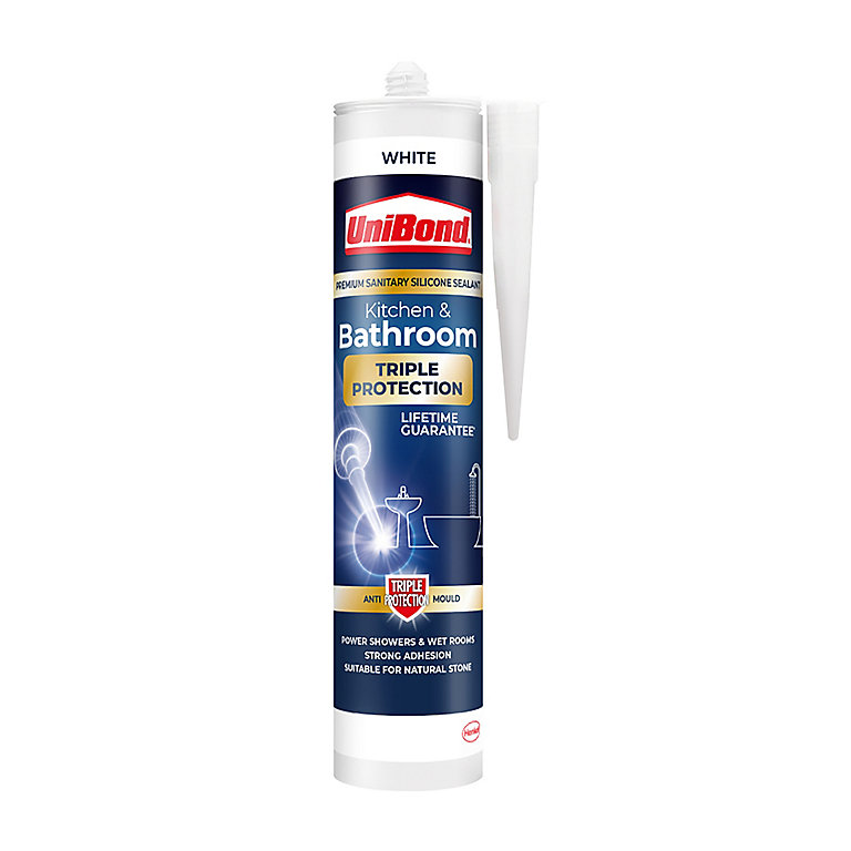 Image of UniBond Triple protect White Silicone-based Bathroom & kitchen Sanitary sealant, 300ml