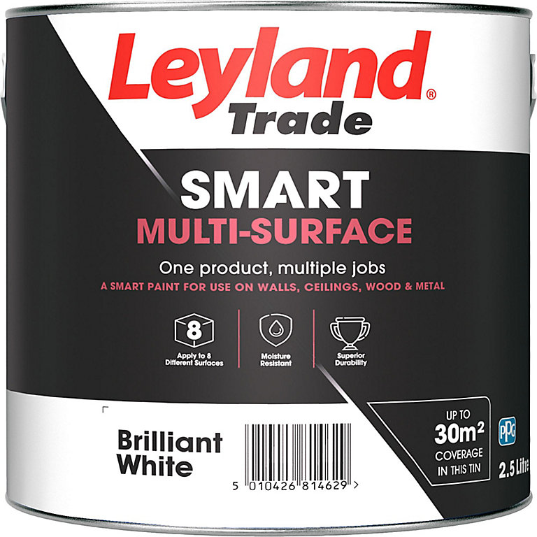 Image of Leyland Trade Smart Brilliant white Mid sheen Multi-surface paint, 2.5L