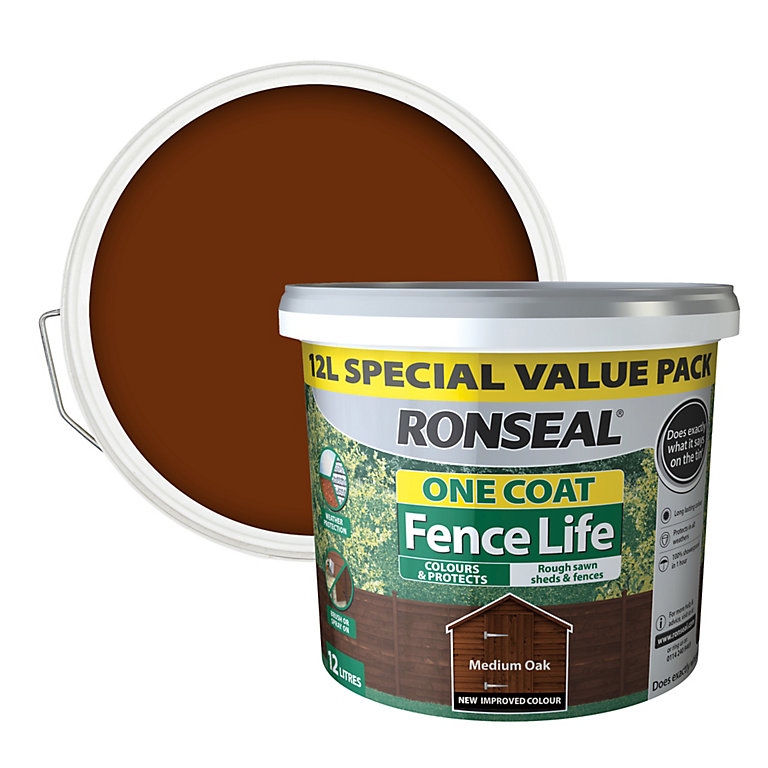 Image of Ronseal One Coat Fence Life Medium oak Matt Exterior Wood paint, 12L