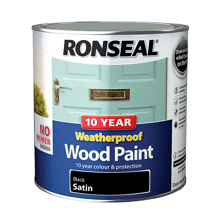 Image of Ronseal 10 Year Weatherproof Wood Paint Black Satin Exterior Wood paint, 2.5L Tin