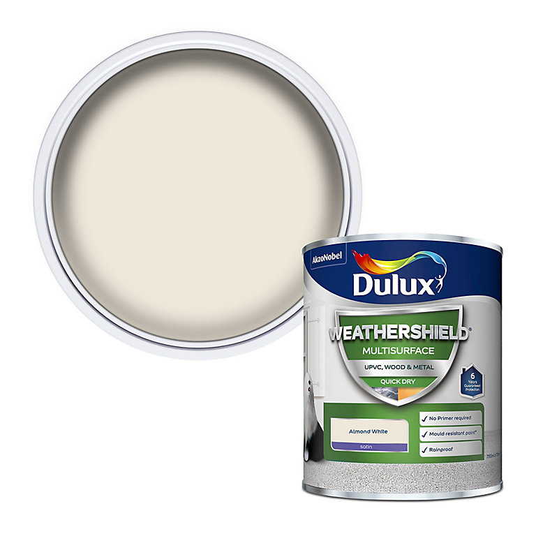 Image of Dulux Weathershield Almond White Satinwood Multi-surface paint, 750ml