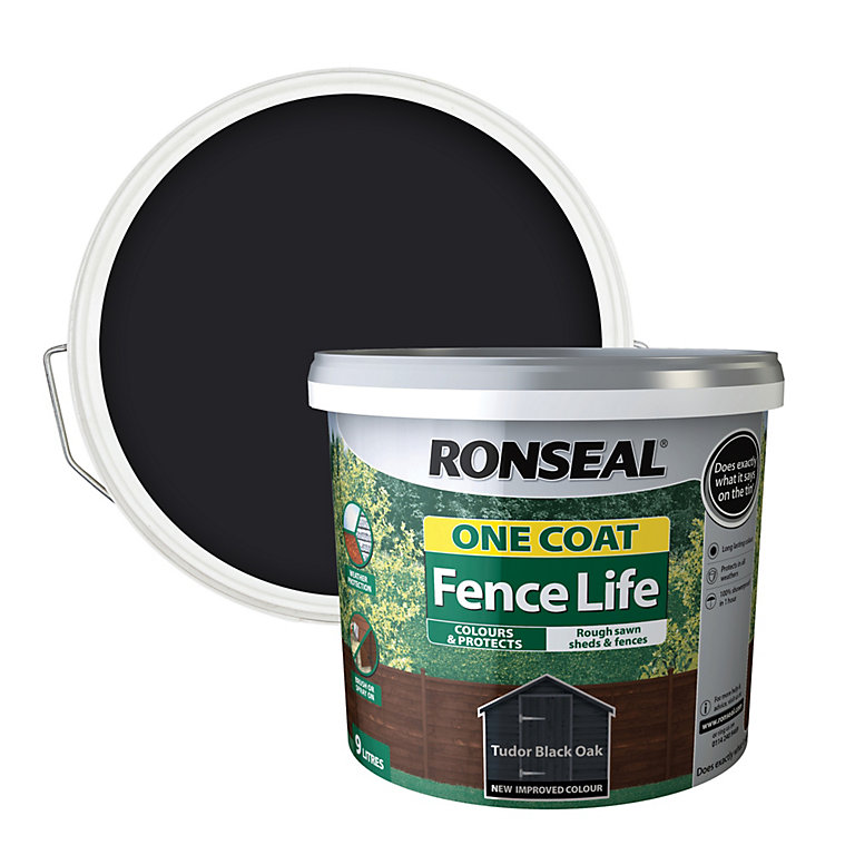 Product image for Ronseal One Coat Fence Life Tudor black oak Matt Exterior Wood paint, 9L
