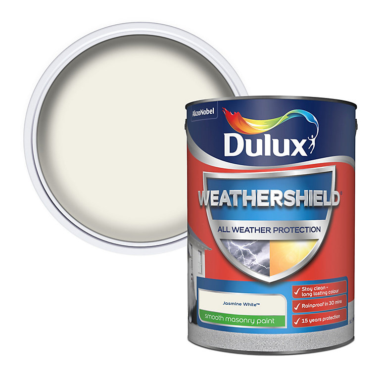 Image of Dulux Weathershield Jasmine white Smooth Matt Masonry paint, 5L