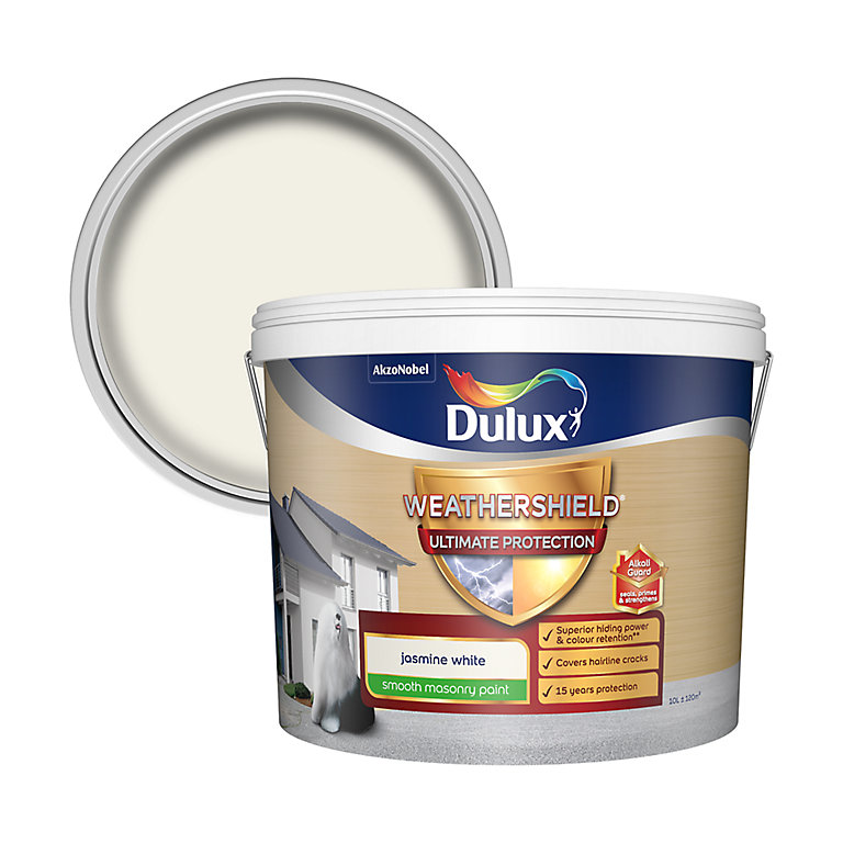 Product image for Dulux Weathershield Ultimate Jasmine white Smooth Matt Masonry paint, 10L