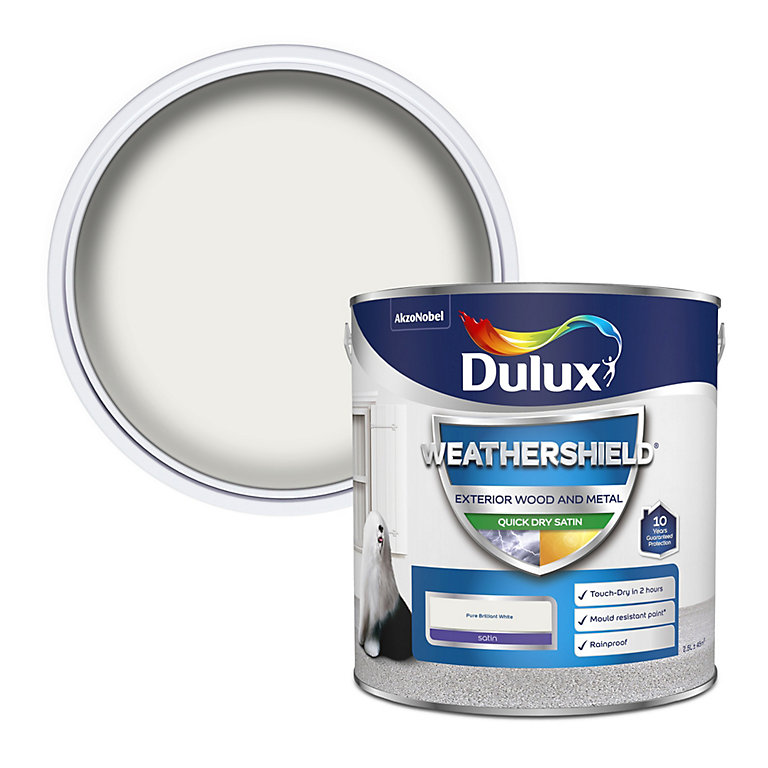 Image of Dulux Weathershield Pure brilliant white Satinwood Exterior Metal & wood paint, 2.5L