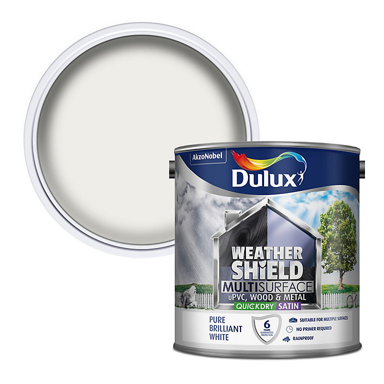Product image for Dulux Weathershield Pure brilliant white Satinwood Multi-surface paint, 2.5L