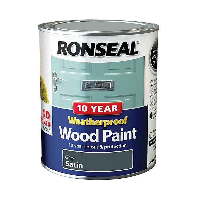 Image of Ronseal 10 Year Weatherproof Wood Paint Grey Satin Exterior Wood paint, 750ml Tin