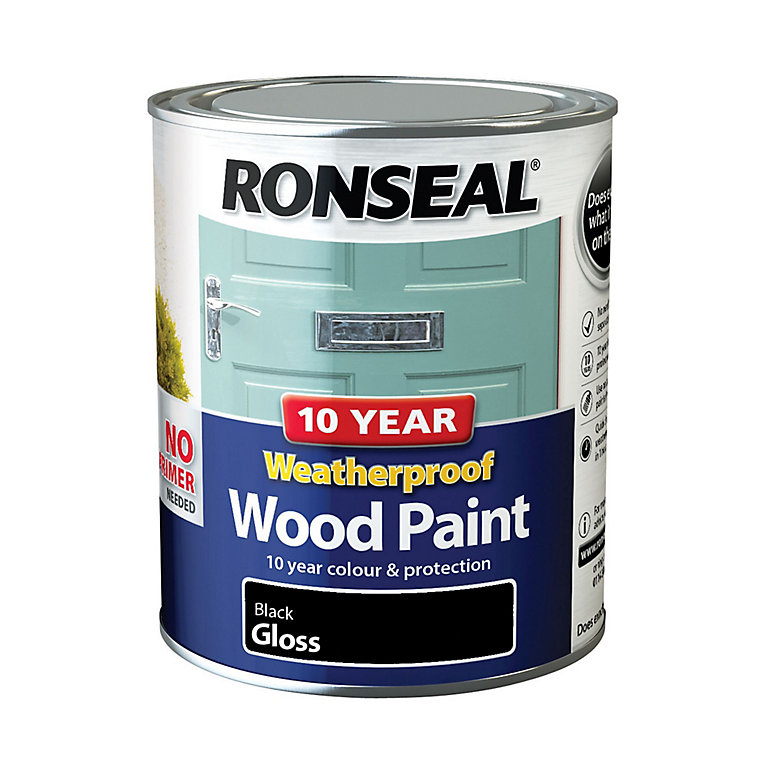 Image of Ronseal 10 Year Weatherproof Wood Paint Black Gloss Exterior Wood paint, 750ml Tin