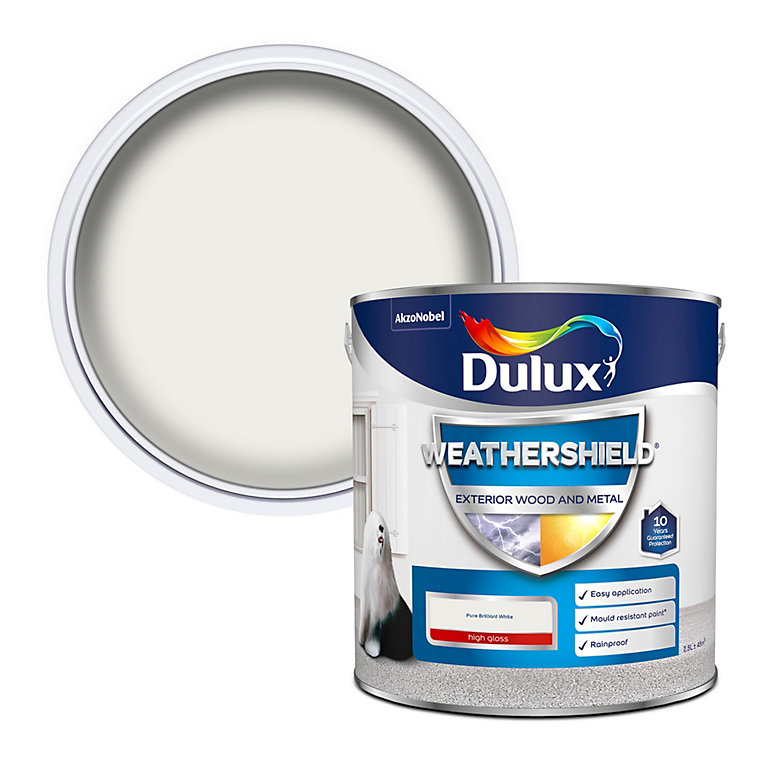 Product image for Dulux Weathershield Pure brilliant white Gloss Exterior Metal & wood paint, 2.5L