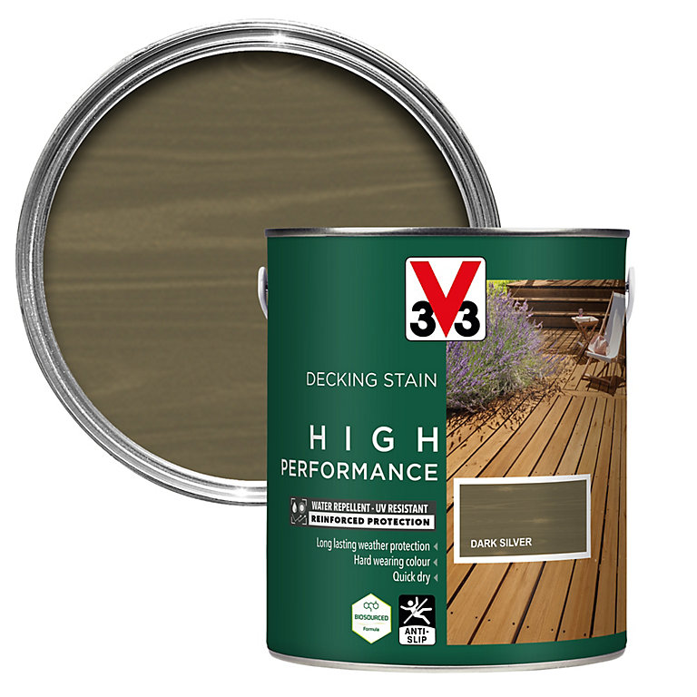 Product image for V33 High performance Dark Silver Satin Quick dry Decking Stain, 2.5L