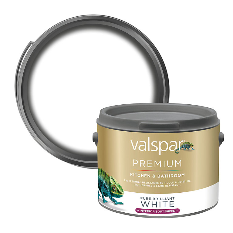 Image of Valspar Premium Kitchen & Bathroom Pure Brilliant White Soft sheen Emulsion paint, 2.5L