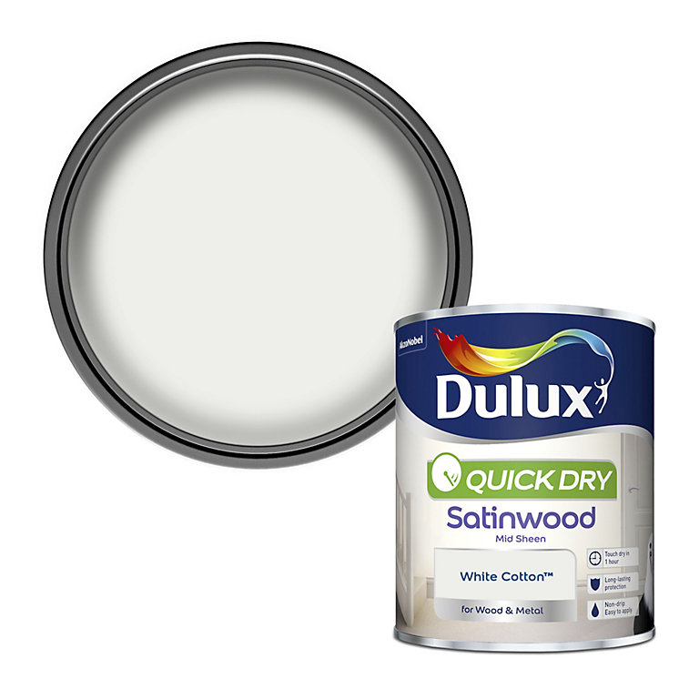 Product image for Dulux Quick dry White cotton Satinwood Metal & wood paint, 750ml