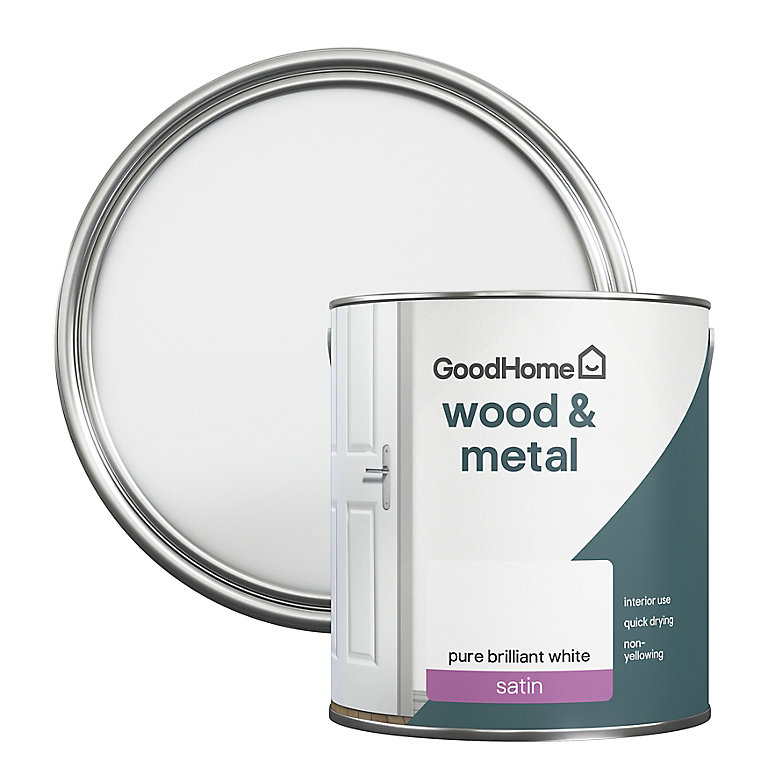 Image of GoodHome Pure Brilliant White Satinwood Metal & wood paint, 2.5L