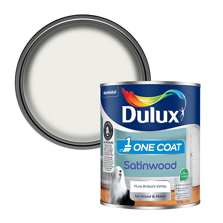 Image of Dulux One Coat Pure Brilliant White Satinwood Metal & wood paint, 750ml