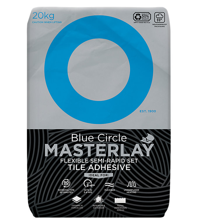Image of Blue Circle Masterlay Flexi Semi-rapid Set Grey Wall & floor tile Adhesive, 20kg