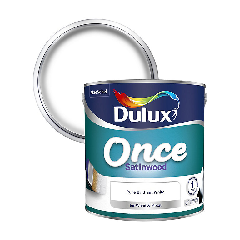 Product image for Dulux Once Pure brilliant white Satinwood Metal & wood paint, 2.5L