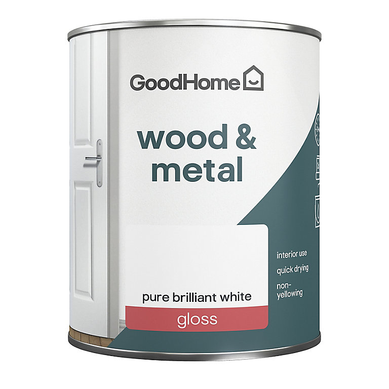 Image of GoodHome Pure Brilliant White Gloss Metal & wood paint, 750ml