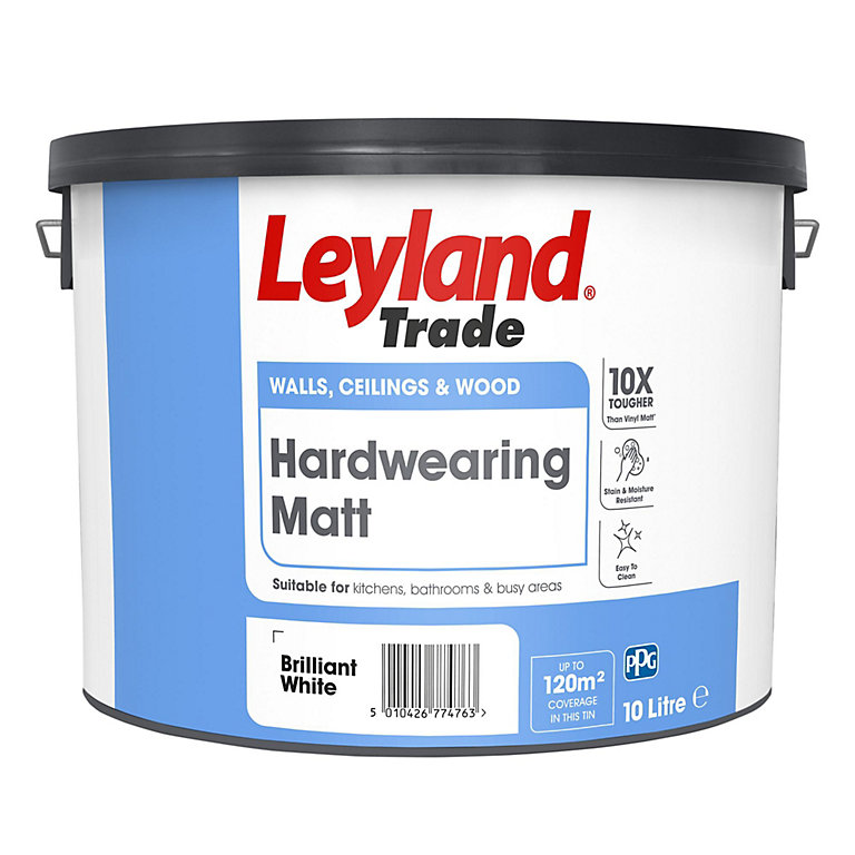 Product image for Leyland Trade Hardwearing Brilliant White Matt Emulsion paint, 10L