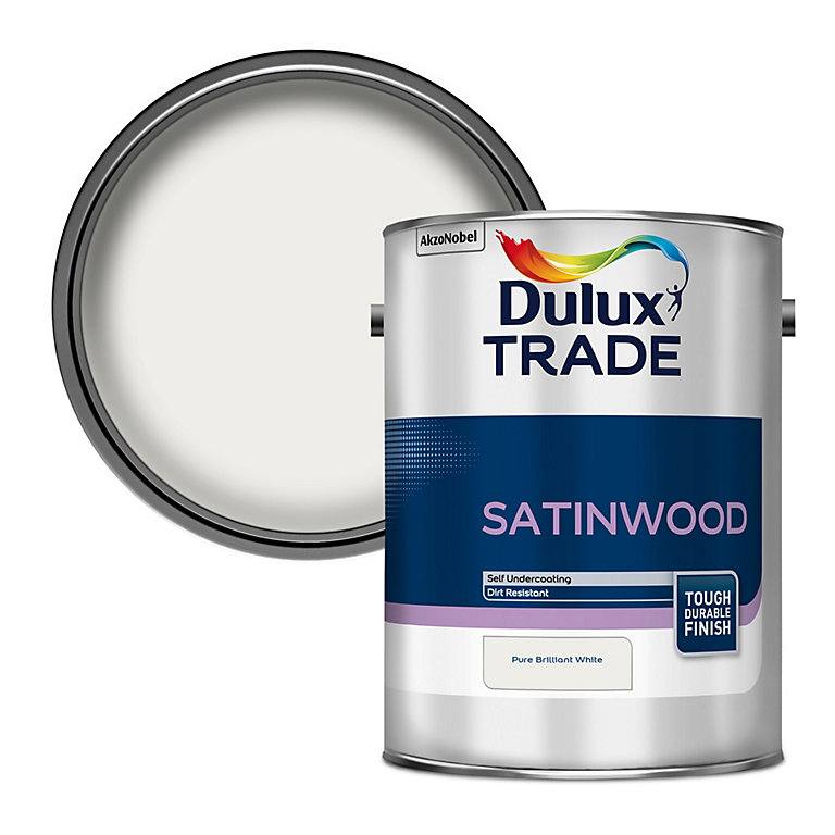 Product image for Dulux Trade Brilliant white Satinwood Multi-surface paint, 5L